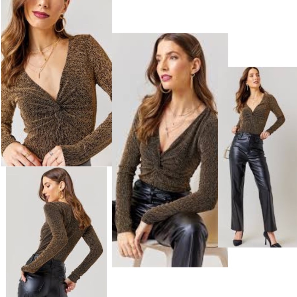 FRANCESCAS Front Twist Gold Glitter Bodysuit